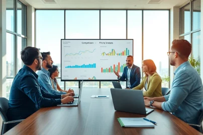 Analyze competitor pricing strategies with a diverse team in a modern office.