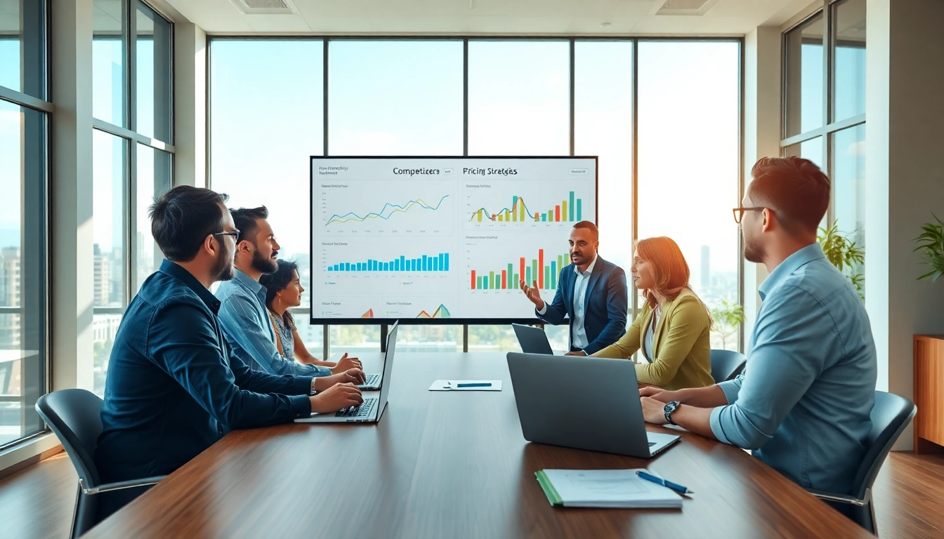 Analyze competitor pricing strategies with a diverse team in a modern office.