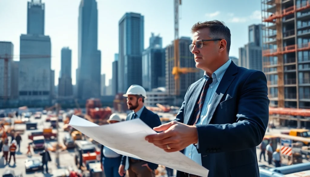 Manhattan Construction Manager guiding a construction project with blueprints in hand.