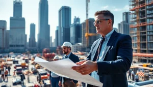 Manhattan Construction Manager guiding a construction project with blueprints in hand.