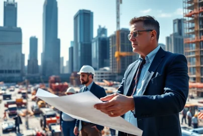 Manhattan Construction Manager guiding a construction project with blueprints in hand.