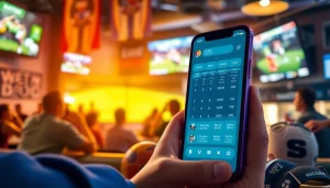 Engage in online sports betting California with a focus on a sleek mobile app set in a lively sports bar environment.
