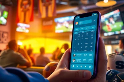 Engage in online sports betting California with a focus on a sleek mobile app set in a lively sports bar environment.