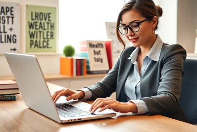 Using an ideal weight calculator on a laptop while surrounded by health books.