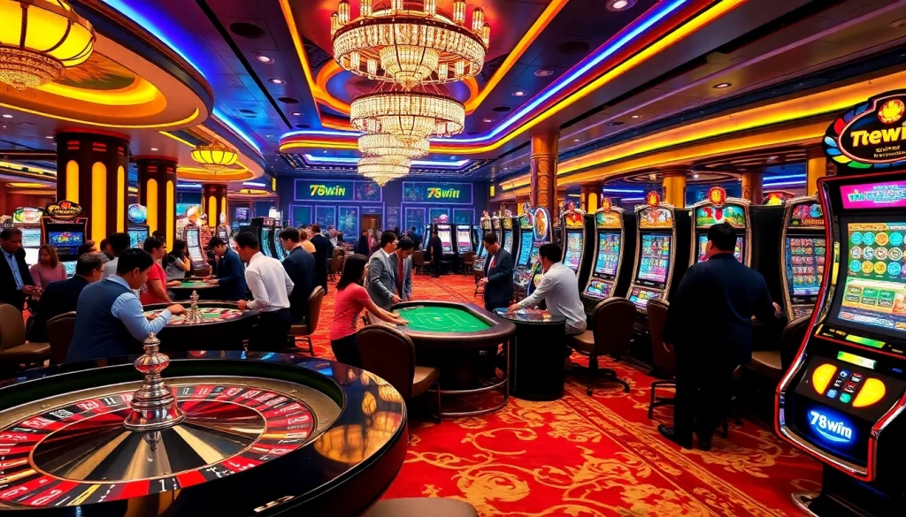 Experience excitement at 78win's vibrant casino scene with players enjoying various gambling activities.