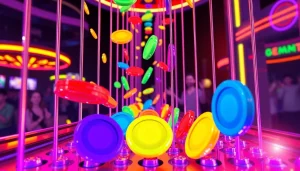 Jatuhkan disk pada demo plinko dalam suasana permainan kasino yang ceria.