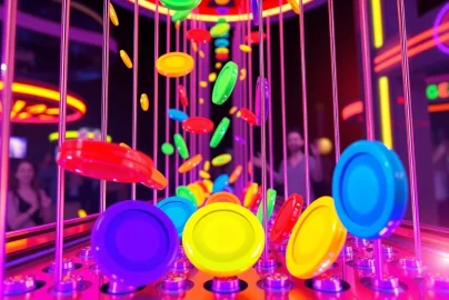 Jatuhkan disk pada demo plinko dalam suasana permainan kasino yang ceria.