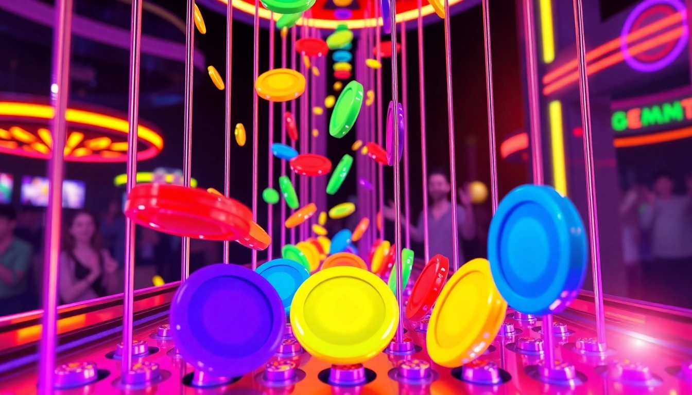 Jatuhkan disk pada demo plinko dalam suasana permainan kasino yang ceria.