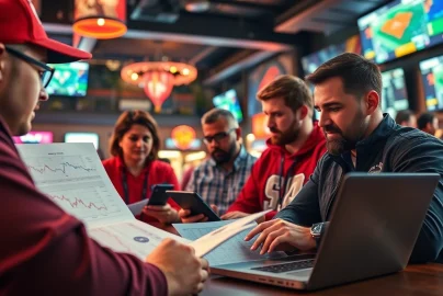 Engaging scene of online sports betting Alabama with active participants analyzing sports data.
