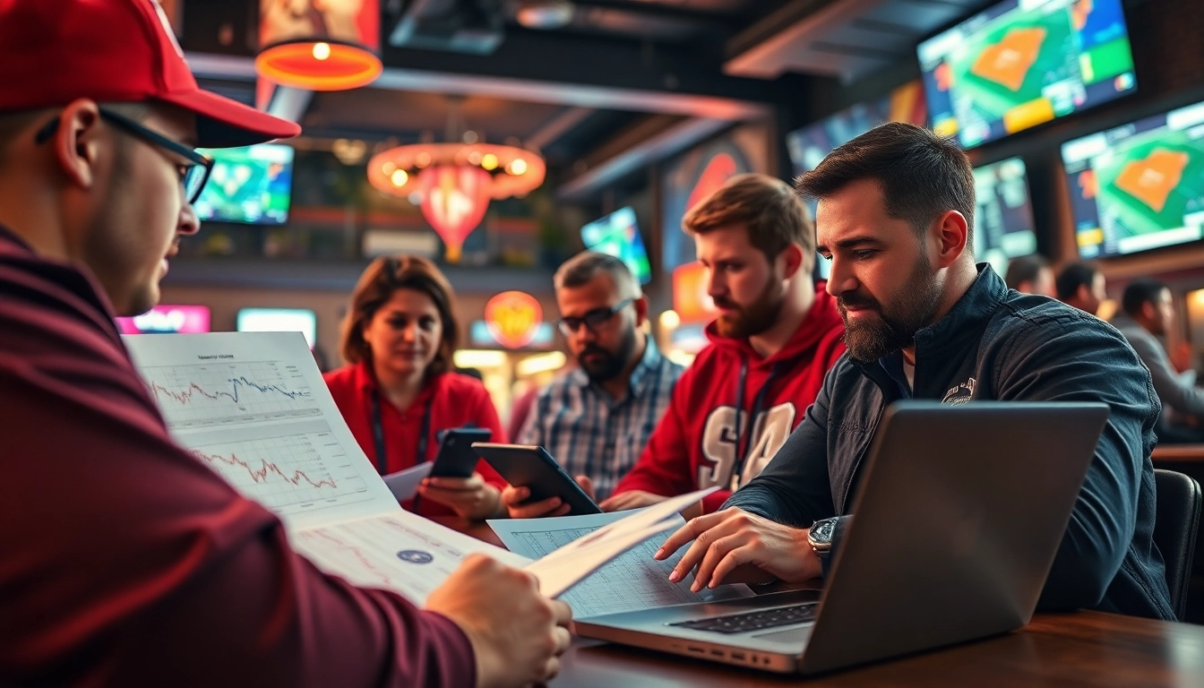 Engaging scene of online sports betting Alabama with active participants analyzing sports data.