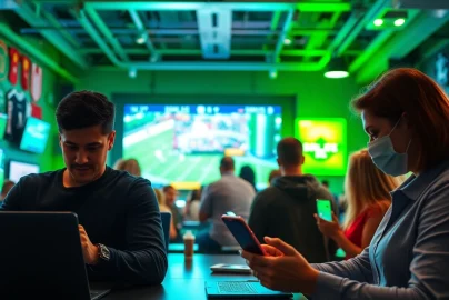 Engaging scene of online sports betting South Carolina with people interacting through devices.