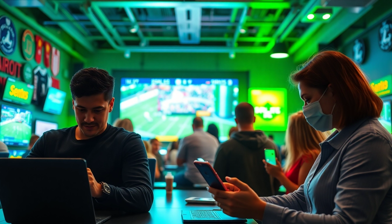 Engaging scene of online sports betting South Carolina with people interacting through devices.
