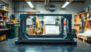 View of pf940v2 frame on a workshop table surrounded by tools and schematics.