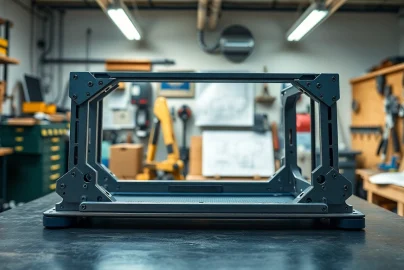 View of pf940v2 frame on a workshop table surrounded by tools and schematics.