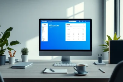 Showcasing a Facebook SMM panel interface on a desk with a clean professional setup.