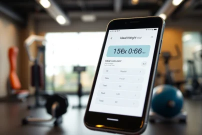 Calculate your healthy range using the ideal weight calculator displayed on a smartphone in a fitness studio.