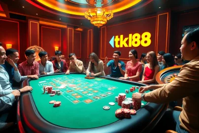 Players strategizing at a vibrant casino table featuring tk88 poker chips and cards.