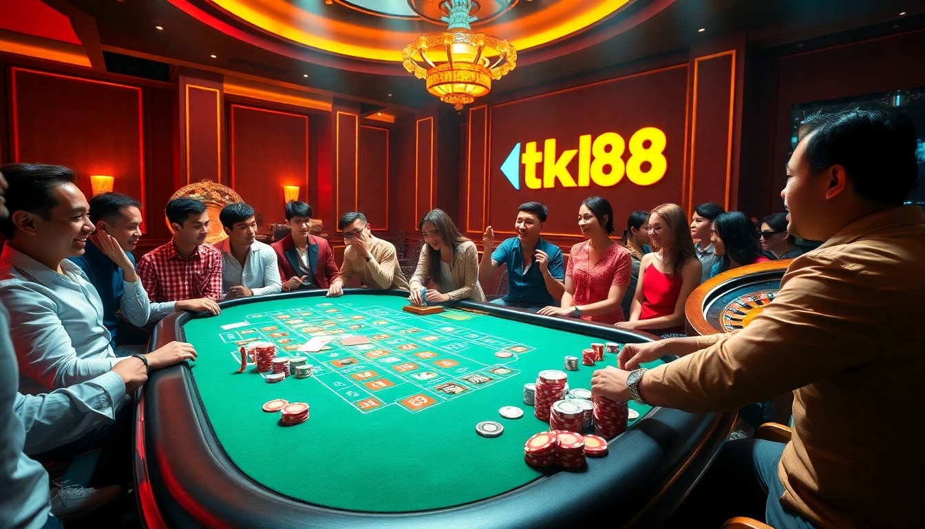 Players strategizing at a vibrant casino table featuring tk88 poker chips and cards.