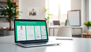 Create a resume using the Resume Builder feature on a sleek laptop in a bright office setting.