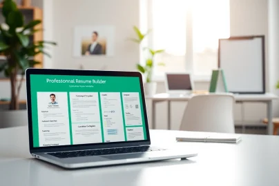 Create a resume using the Resume Builder feature on a sleek laptop in a bright office setting.