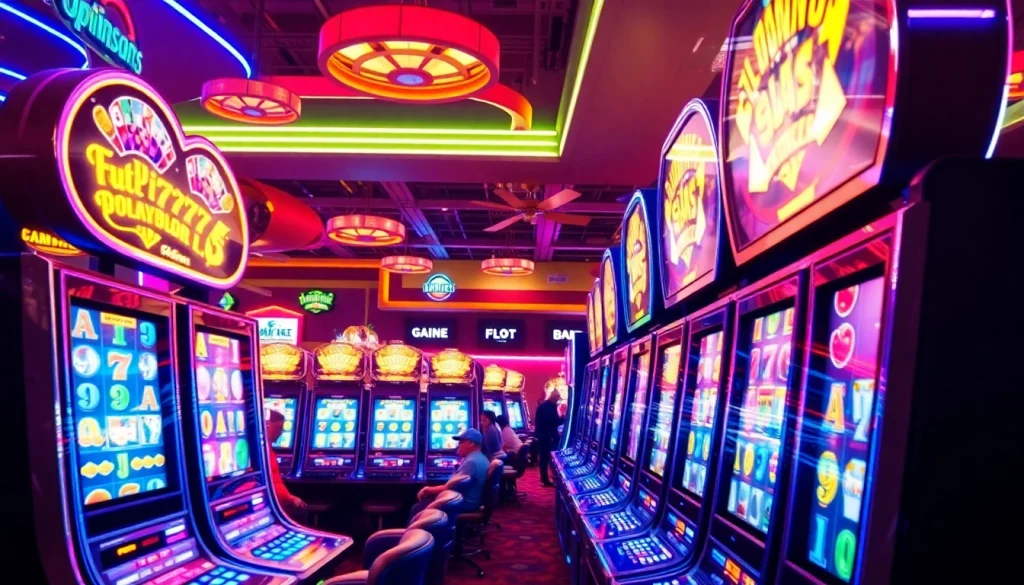 Menikmati keseruan slot pulsa 5000 di mesin dengan lampu neon yang cerah dan ramai pemain.