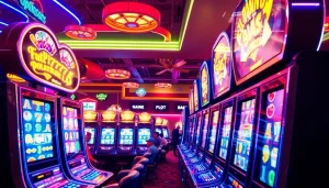 Menikmati keseruan slot pulsa 5000 di mesin dengan lampu neon yang cerah dan ramai pemain.