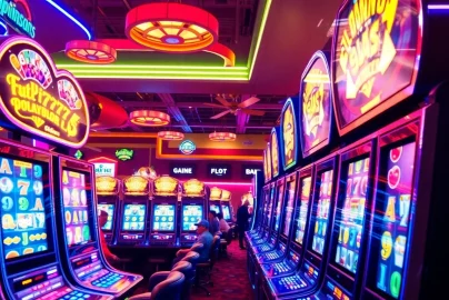 Menikmati keseruan slot pulsa 5000 di mesin dengan lampu neon yang cerah dan ramai pemain.