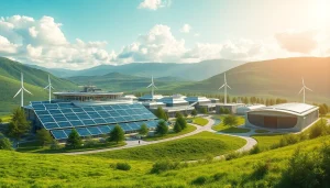 Cloud mining bitcoin facility showcasing renewable energy solutions like solar and wind power.