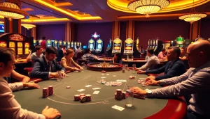 Gambling excitement at a poker table on https://jun88buzz.info/, featuring vibrant chips and colorful cards.