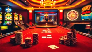 Engage in thrilling SHBET casino action at an elegant gaming table filled with poker chips and betting slips.
