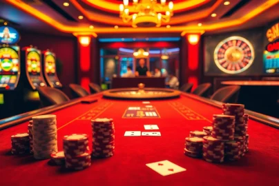 Engage in thrilling SHBET casino action at an elegant gaming table filled with poker chips and betting slips.