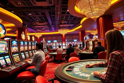 Experience vibrant gameplay at an online casino Canada with excited players and bright surroundings.