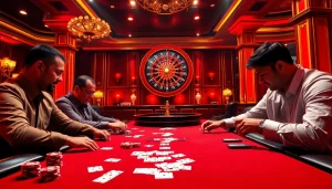 Experience the excitement of i9bet with intense poker players at a vibrant casino table.