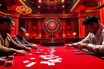 Experience the excitement of i9bet with intense poker players at a vibrant casino table.