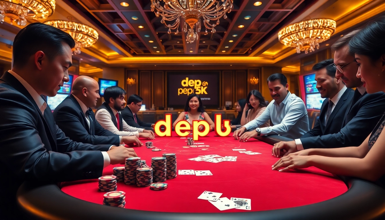 Engaged players at a luxurious poker table showcasing depo 5k gambling excitement with vibrant chips and cards.