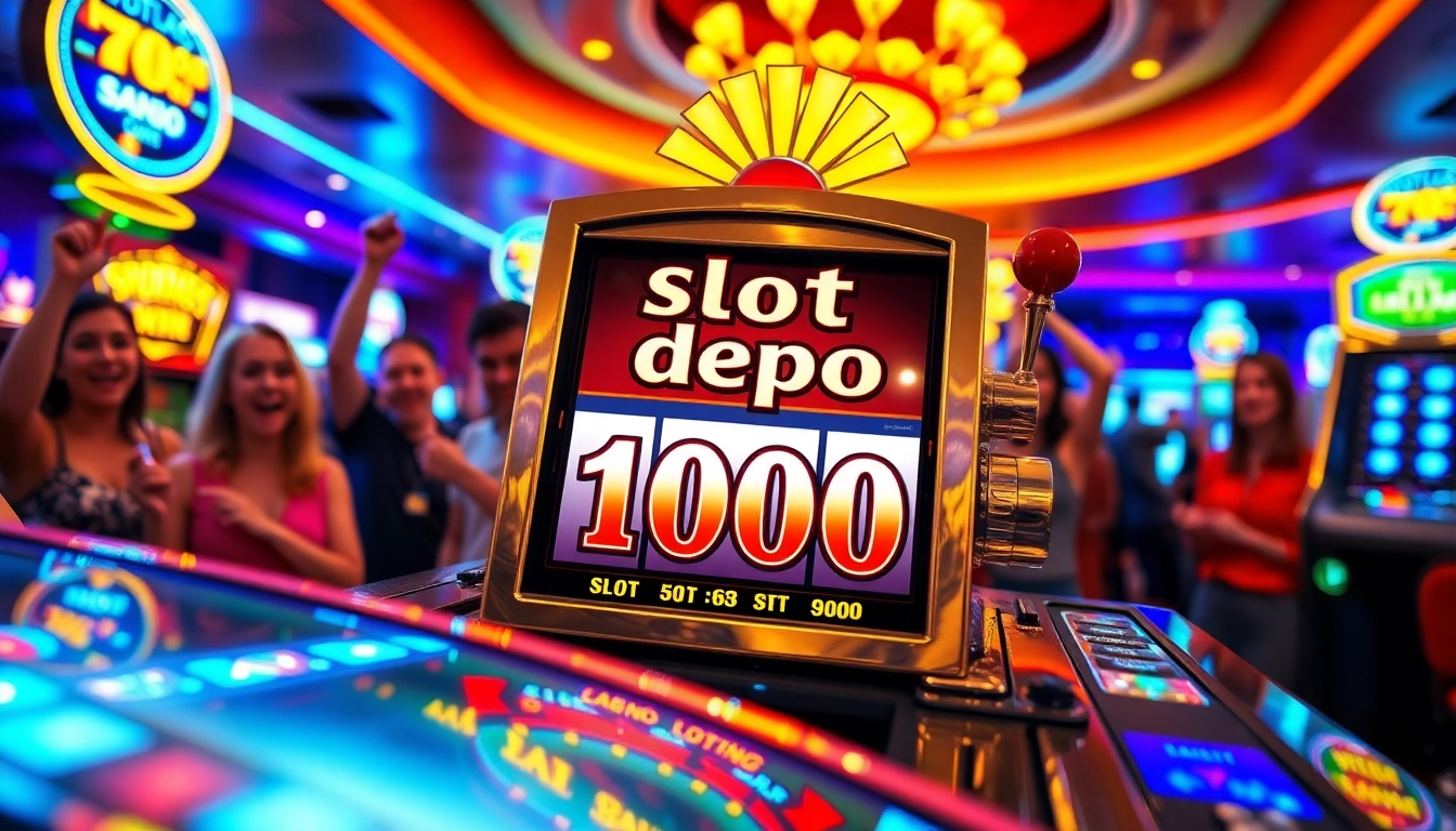 Main players enjoying wins at slot depo 1000 with bright casino lights.