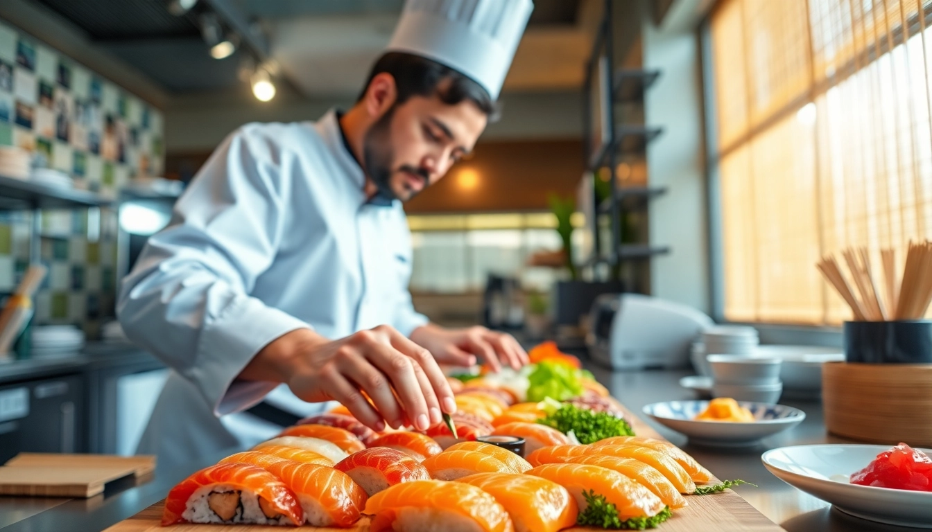 Menyiapkan slot depo 1000 dengan sushi fresh di dapur yang modern dan cerah.