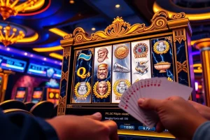 Pemain yang antusias berinteraksi dengan mesin slot Olympus di kasino mewah.