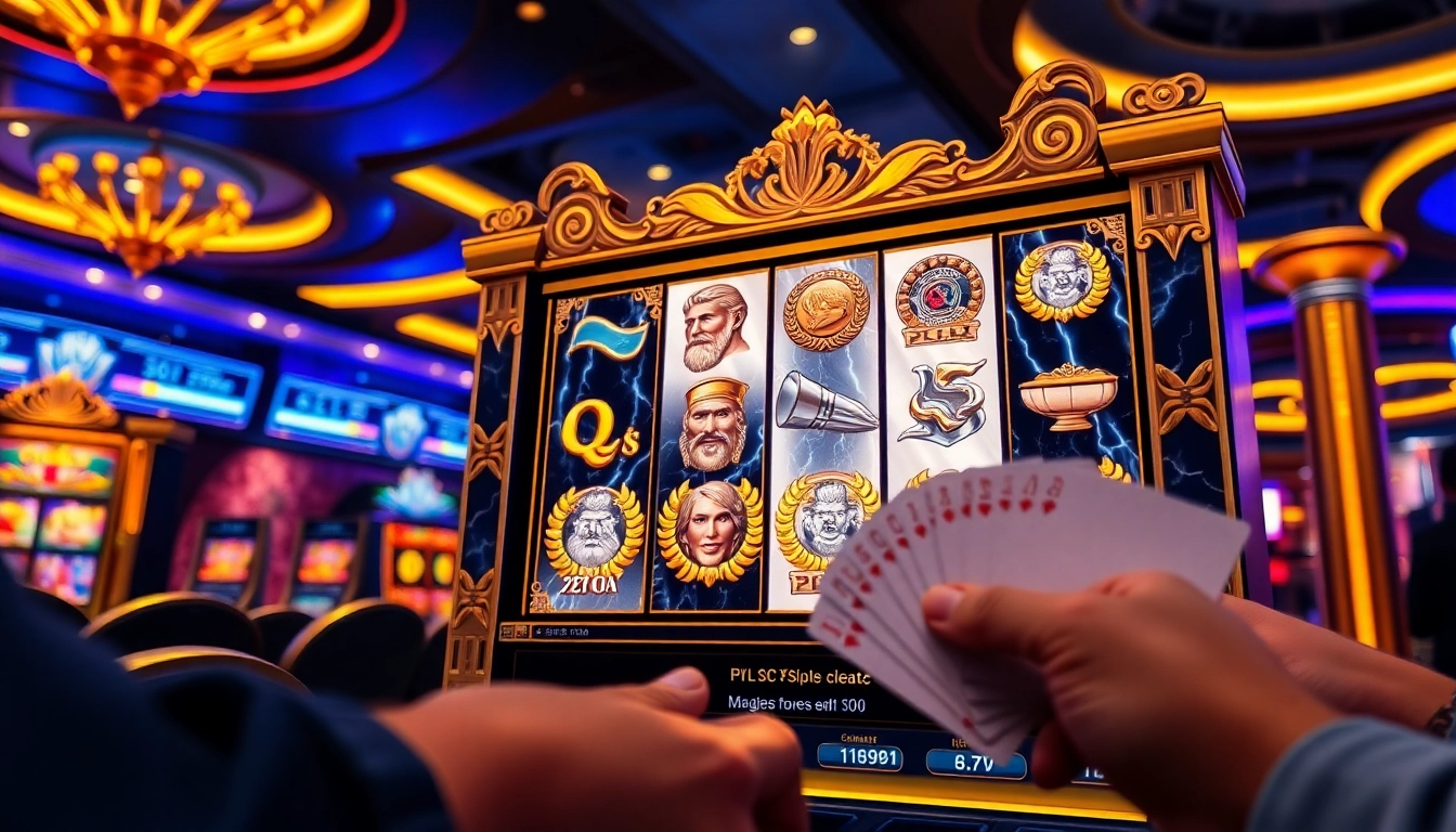 Pemain yang antusias berinteraksi dengan mesin slot Olympus di kasino mewah.