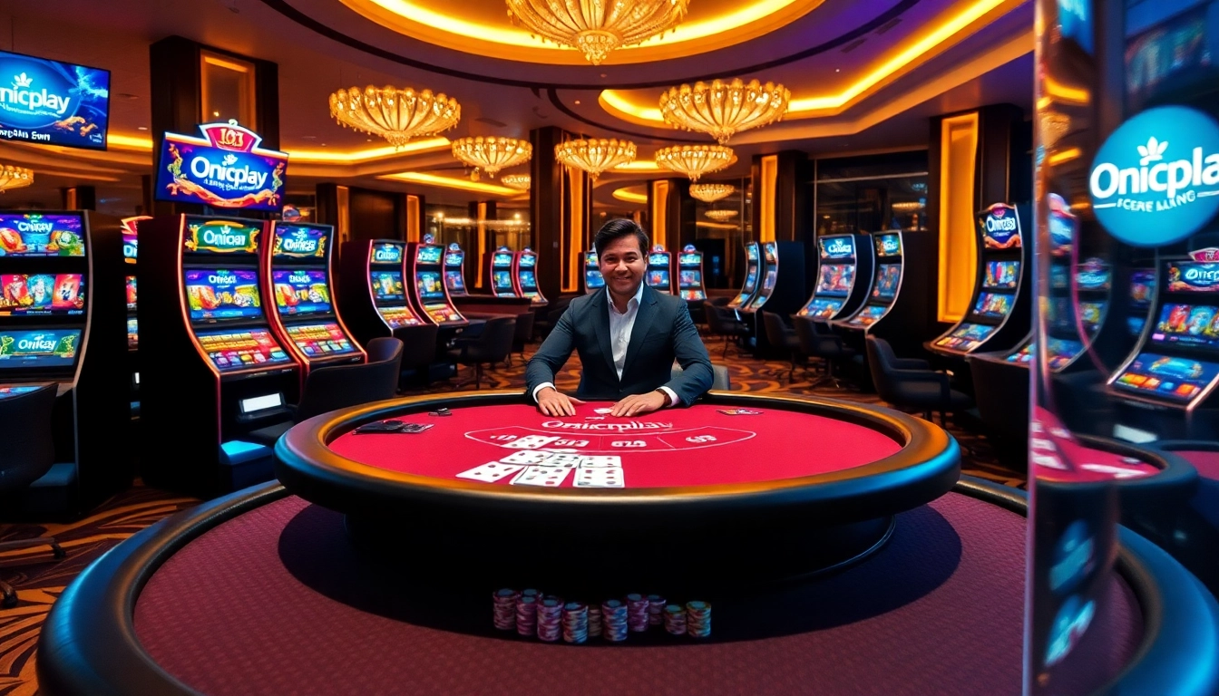 Win big with Onicplay in an exciting online casino featuring vibrant slot machines and poker tables.