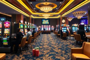 Play exciting IDN slot games in a vibrant, luxurious casino environment with flashing lights.