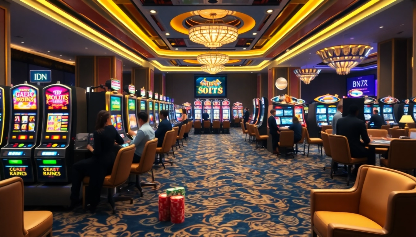 Play exciting IDN slot games in a vibrant, luxurious casino environment with flashing lights.