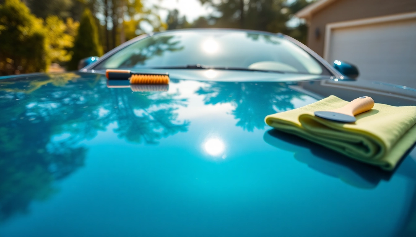 Auto detailing Cleveland TN showcasing a pristine car with detailing tools in a vibrant setting.