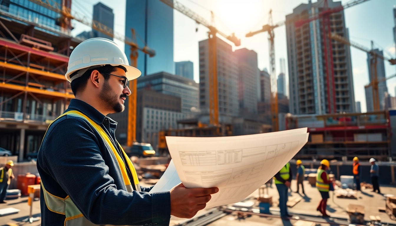 Manhattan Construction Manager analyzing blueprints on a lively urban construction site.