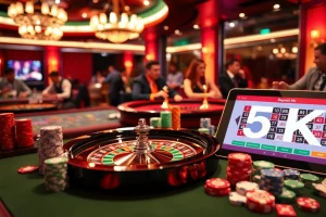 Pemain terlibat dalam aksi kasino yang mendebarkan dengan strategi Depo 5k ditampilkan dalam suasana permainan yang penuh warna.