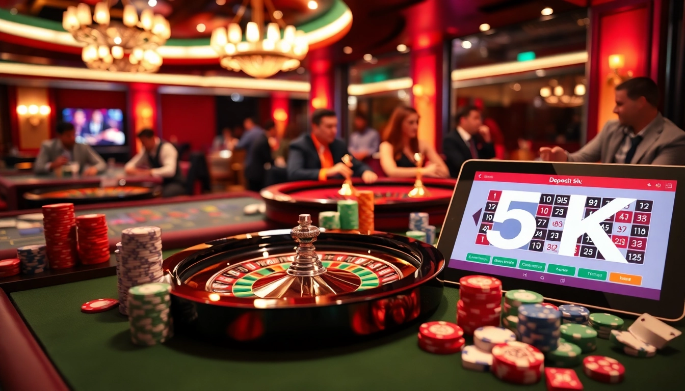 Pemain terlibat dalam aksi kasino yang mendebarkan dengan strategi Depo 5k ditampilkan dalam suasana permainan yang penuh warna.