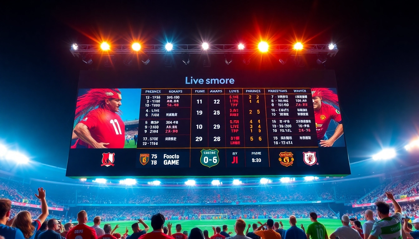 Scoreboard displaying live scores from ผลบอลเมื่อคืนนี้ทุกลีก, highlighting excitement in a vibrant stadium.