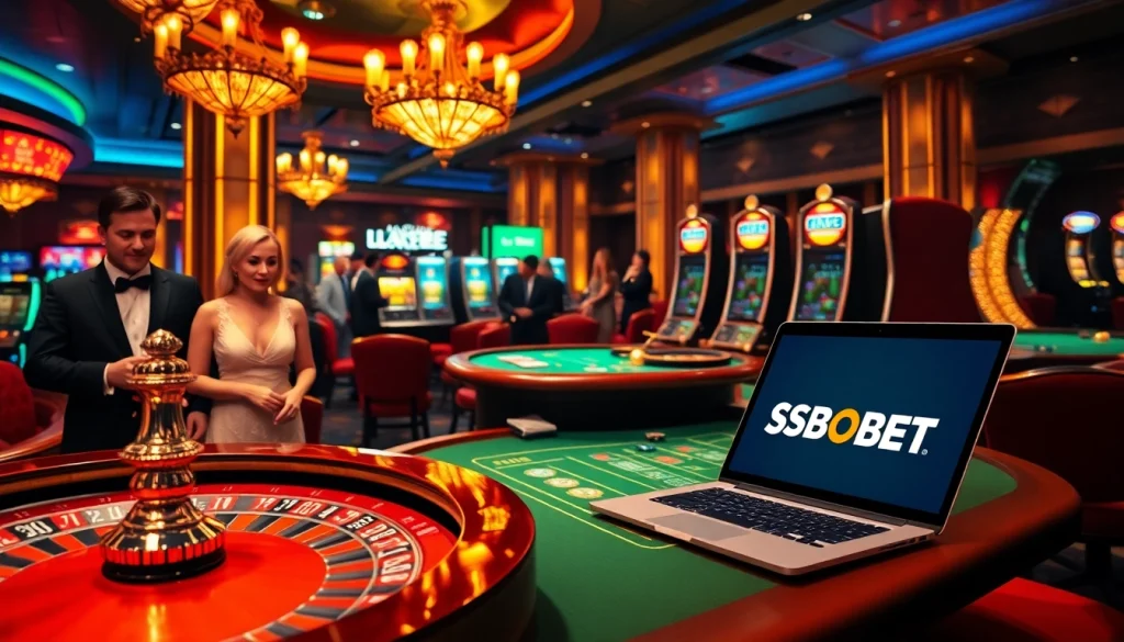 Exciting casino scene with link alternatif sbobet featured on devices, showcasing luxury gambling.