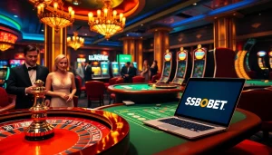Exciting casino scene with link alternatif sbobet featured on devices, showcasing luxury gambling.
