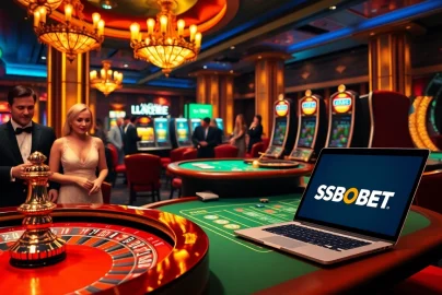 Exciting casino scene with link alternatif sbobet featured on devices, showcasing luxury gambling.